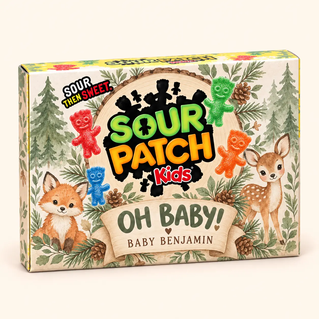 Woodland baby shower Sour Patch Kids box
