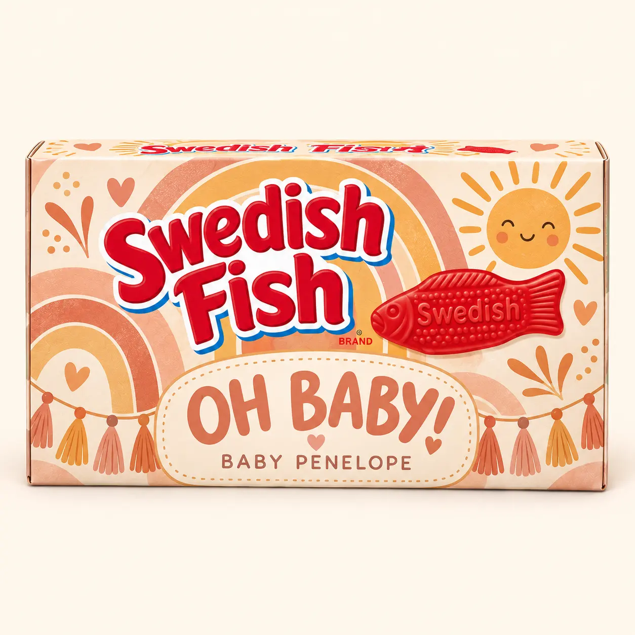 Boho sunshine baby shower Swedish Fish box