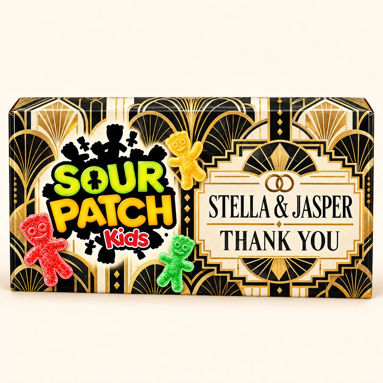 Art deco wedding Sour Patch Kids box