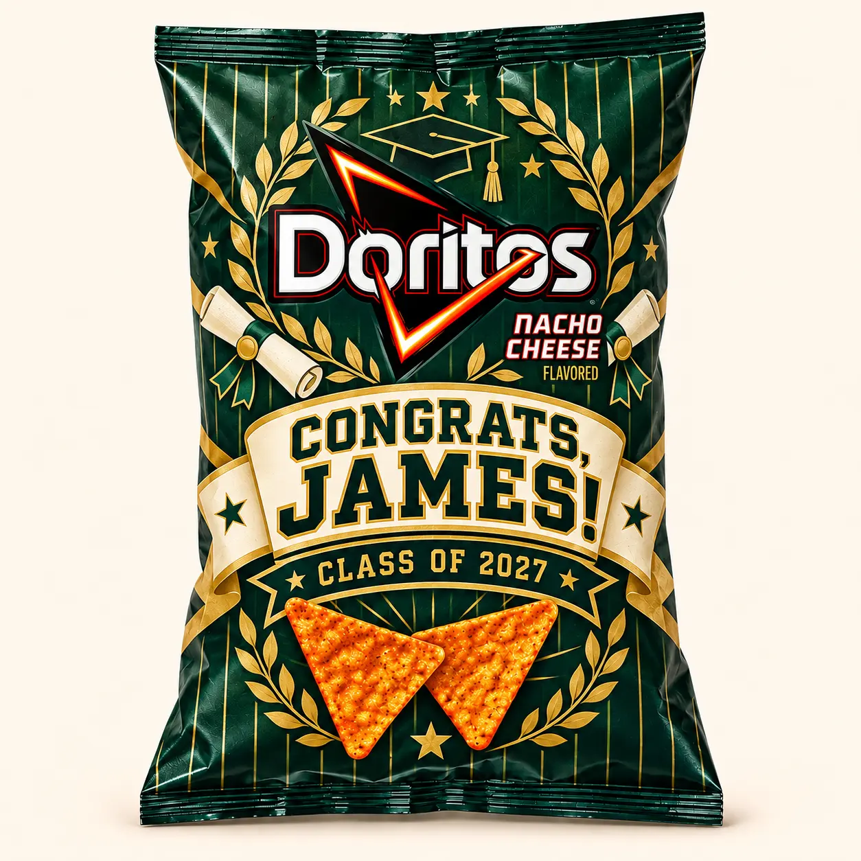 Emerald and gold graduation Doritos bag