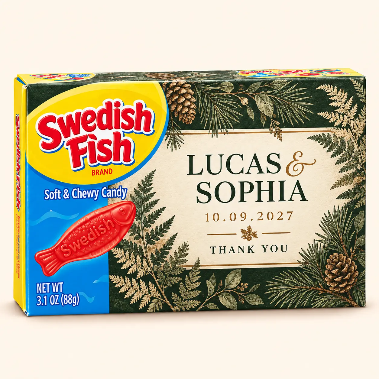 Woodland wedding Swedish Fish box