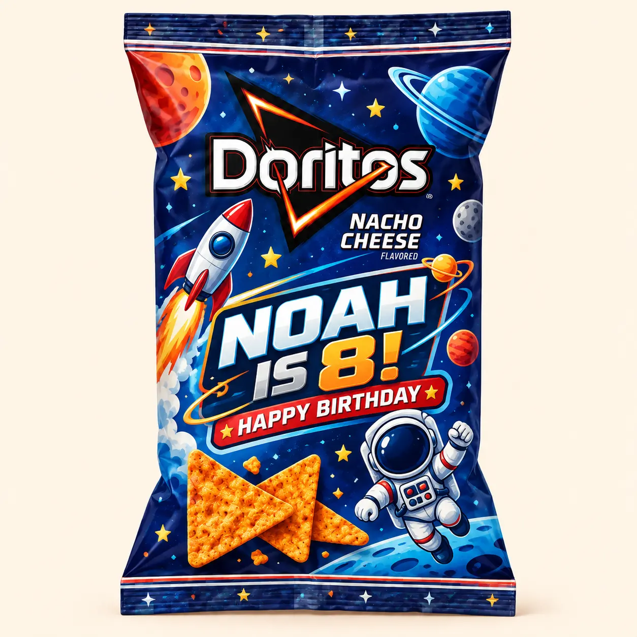 Space mission birthday Doritos bag