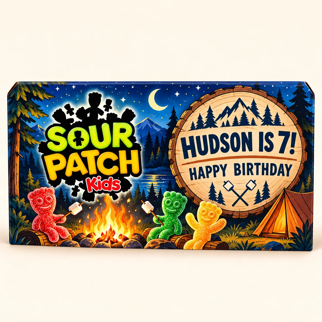 Camping birthday Sour Patch Kids box