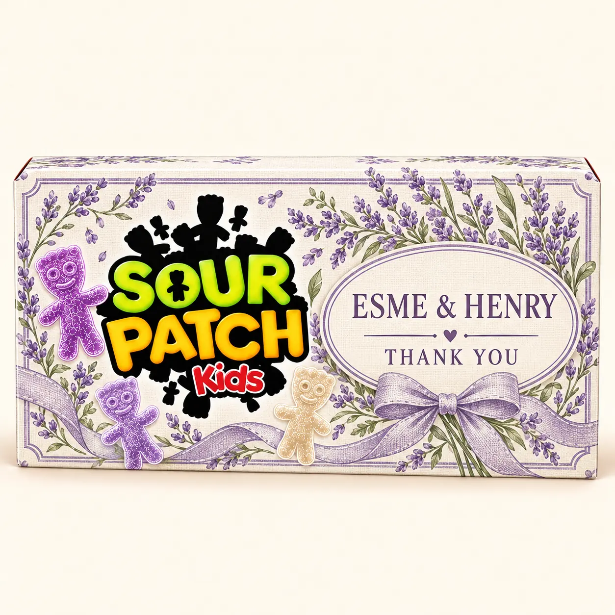 Lavender wedding Sour Patch Kids box