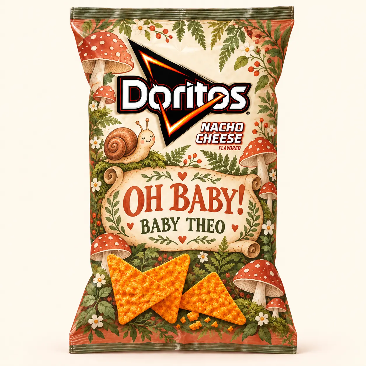 Mushroom baby shower Doritos bag