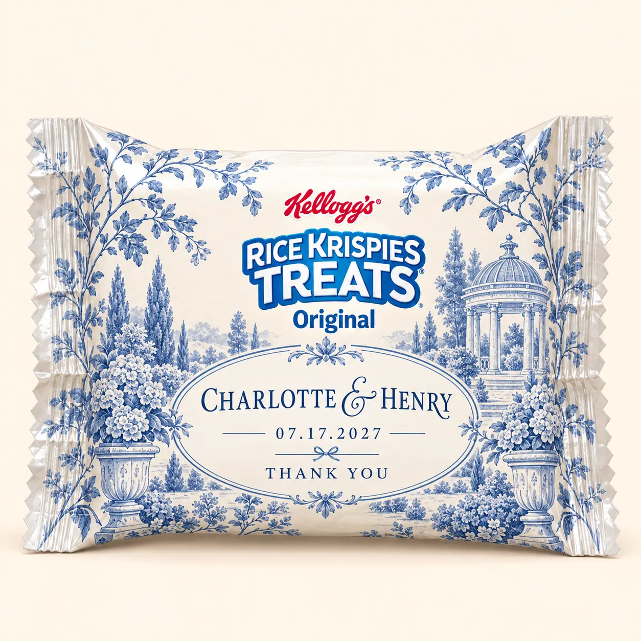 Blue toile wedding Rice Krispies treat